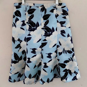 Swirly silk satin skirt 4 Blue floral print Panels Lined Flared Banana Republic
